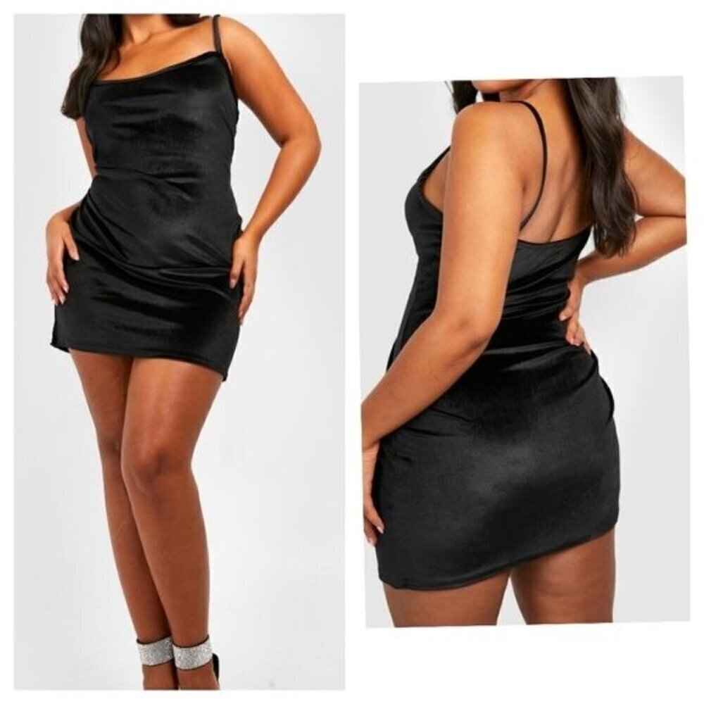 NWT Boohoo Black Velvet Strappy Mini Dress Plus sz 16 LBD Little Black Dress